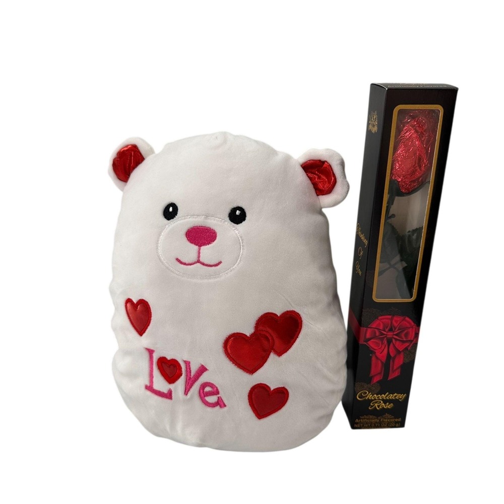 Valentine Plush Pillow White Bear Hearts Chocolate Rose Gift Set Valentines‎ Day